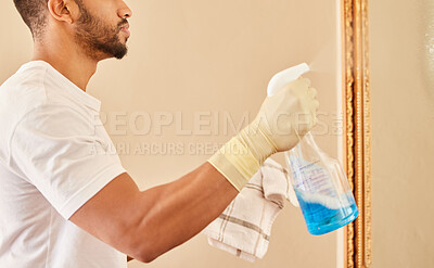 Buy stock photo Man, hands and spray bottle for cleaning mirror in home, hotel and cloth to wipe dirt or bacteria. Male person, gloves and chemical for sanitation on glass, maintenance and maid for liquid hygiene