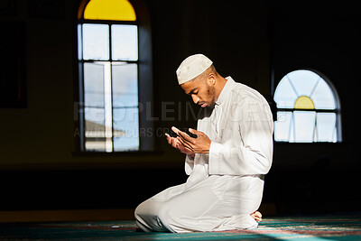 Buy stock photo Muslim man, praying and mosque with religion, faith and spiritual practice for gratitude and worship. Prayer, islamic tradition and respect for allah on eid mubarak with praise in Qatar temple