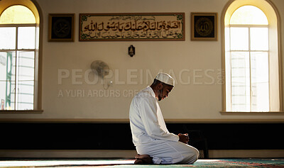 Buy stock photo Muslim, praying and spiritual man in mosque for worship of God, Allah and mindfulness for peace. Person, prayer and respect for religion of Islam or morning gratitude for holy Islamic faith with hope