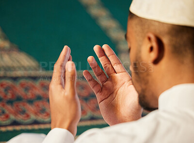 Buy stock photo Muslim, prayer and hands of man in mosque with spiritual worship of God or Allah in temple. Person, praying and respect for religion of Islam with gratitude for holy faith or islamic culture closeup