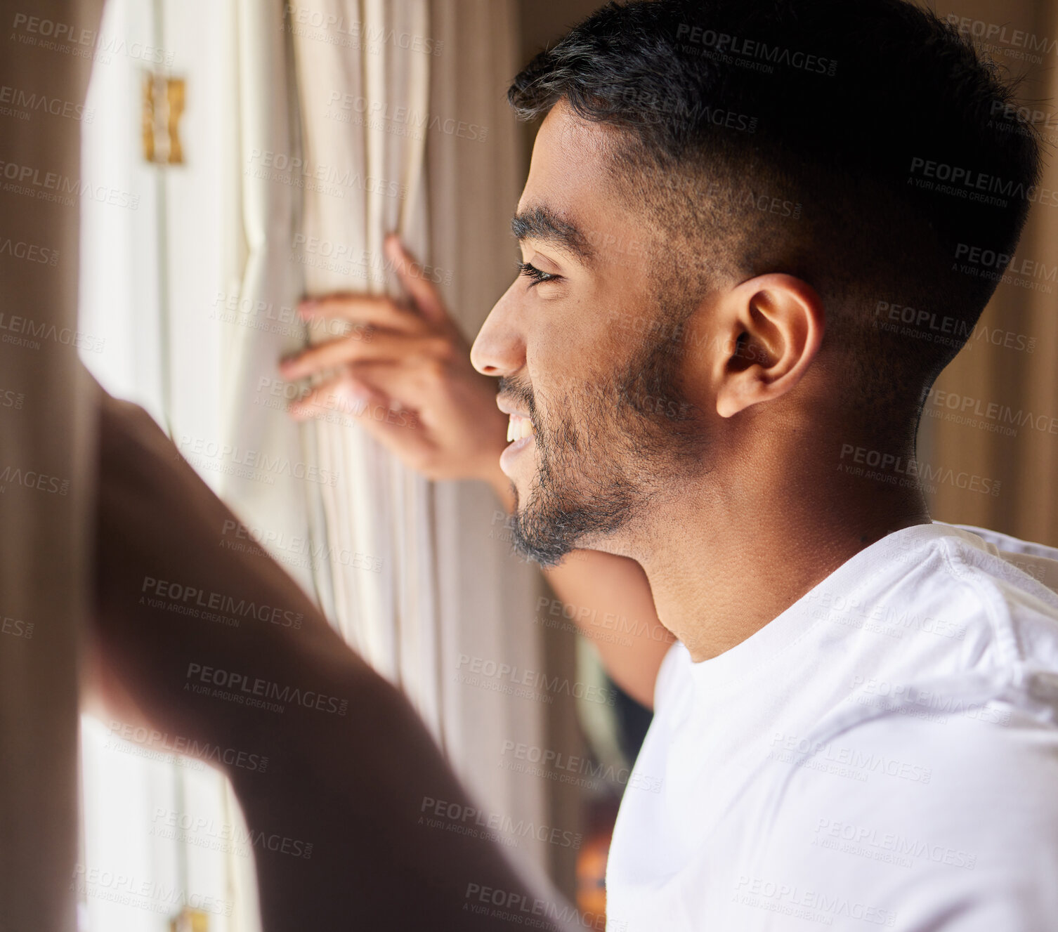Buy stock photo Man, open curtains and ready for day in home, window and profile for happy morning on weekend. Male person, smile and peace or calm inspiration in apartment, wake up and drapes to check weather
