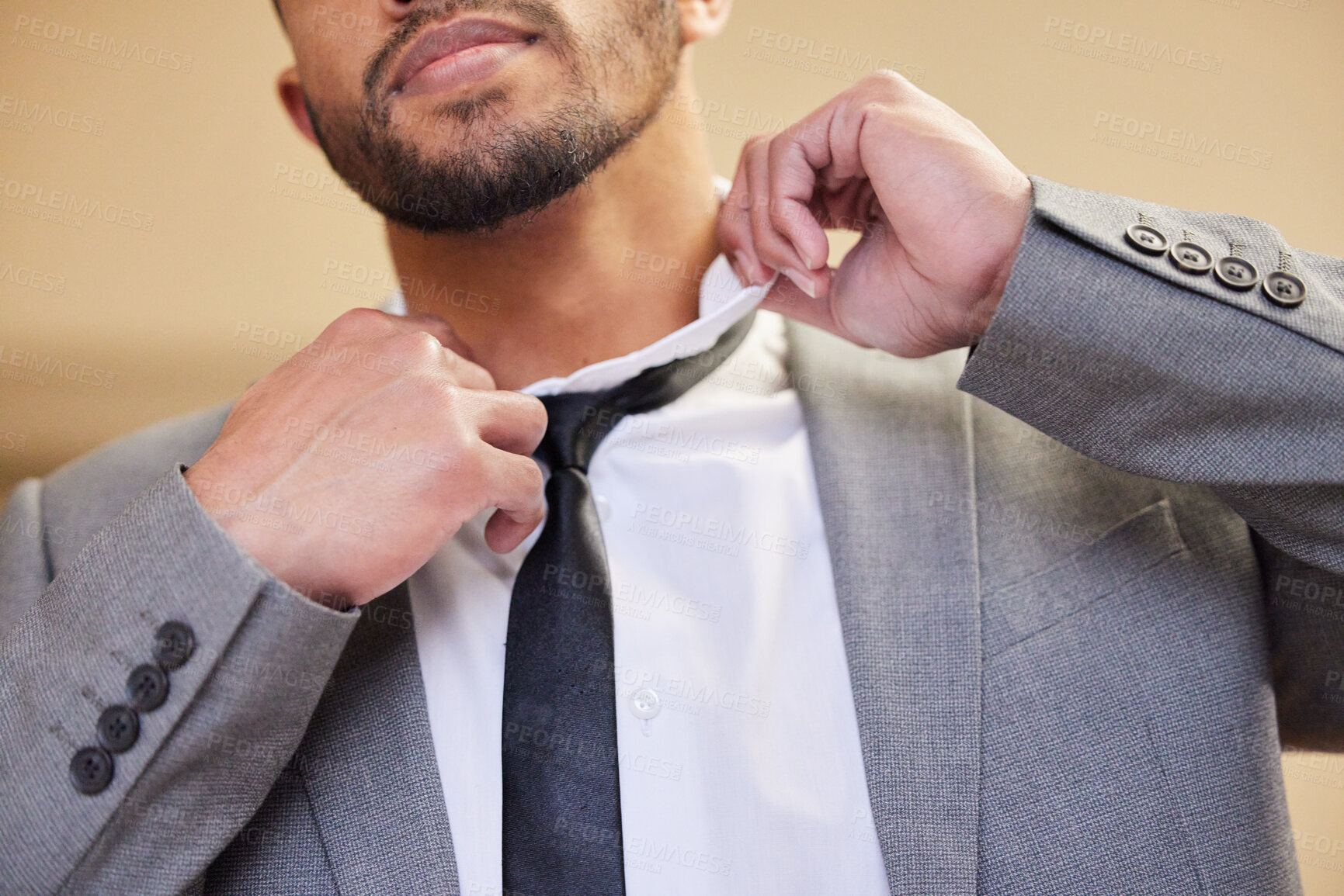 Buy stock photo Business man, tie and getting ready in home, consultant and employee dressing for work. Male person, professional and prepare outfit or clothes, fashion and trendy suit or formal clothing style