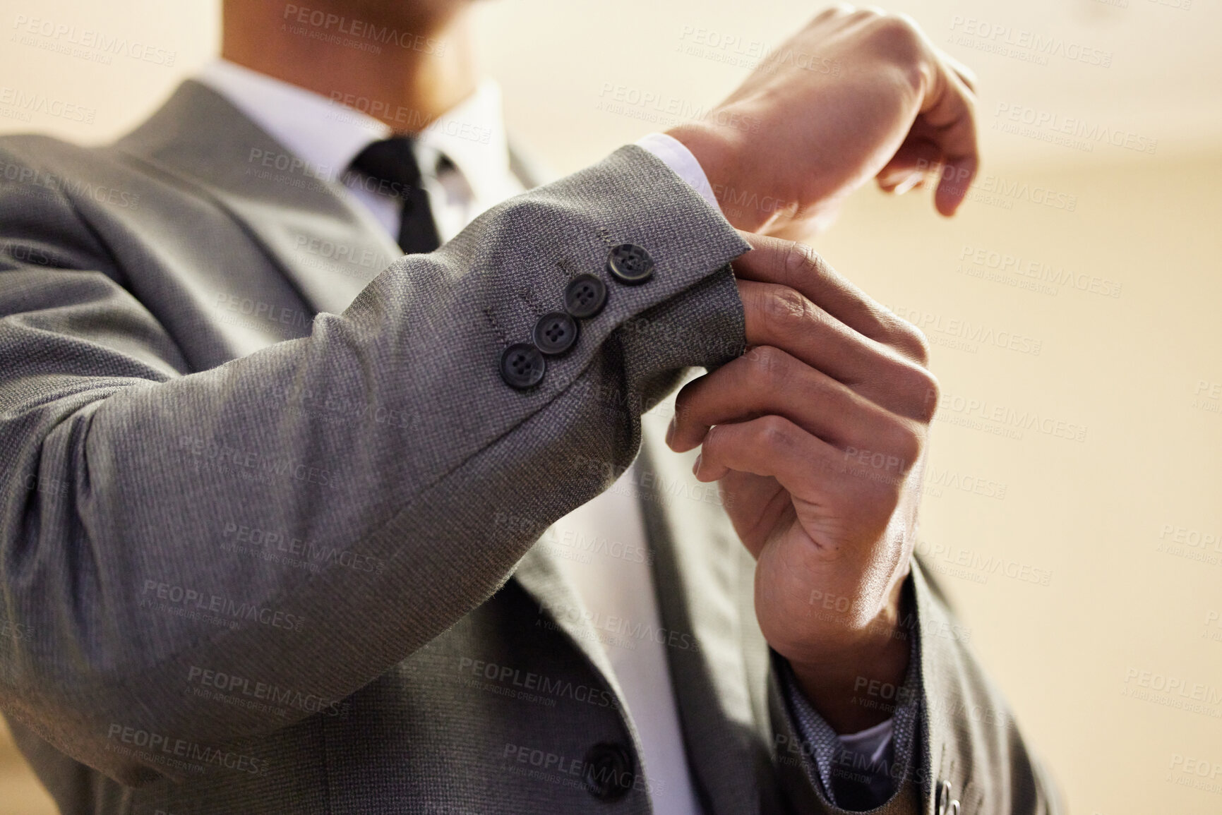 Buy stock photo Business man, cuffs and getting ready in home, consultant and employee dressing for work. Male person, professional and prepare outfit or clothes, fashion and trendy suit or formal clothing style