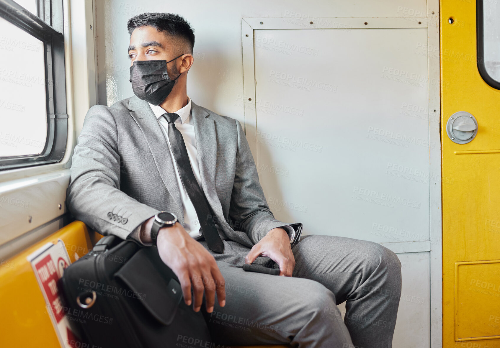 Buy stock photo Health, mask and businessman with travel on train for public transport, trip and safety on journey. Professional person, ppe and thinking in vehicle with protection, briefcase and commute to work