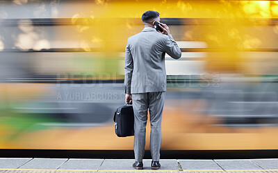 Buy stock photo Phone call at platform, businessman waiting for train passing with speed and morning commute or travel to work. Fast metro transport, man on subway talking on cellphone from back and employee in suit