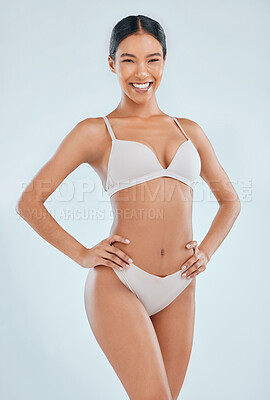 Buy stock photo Portrait, woman and underwear in studio for cosmetics, cellulite and treatment by white background. Clean, smooth and collagen with female body for glow, skincare and wellness on mockup space