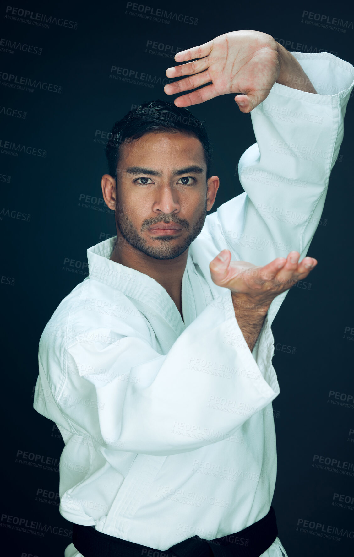 Buy stock photo Cropped portrait of a handsome young male martial artist practicing karate in studio against a dark background
