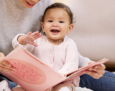 Buy stock photo Mother, baby portrait and reading book for learning in home, bonding or care. Mom, newborn and face of child storytelling for education, teaching or studying happy fantasy together in living room.