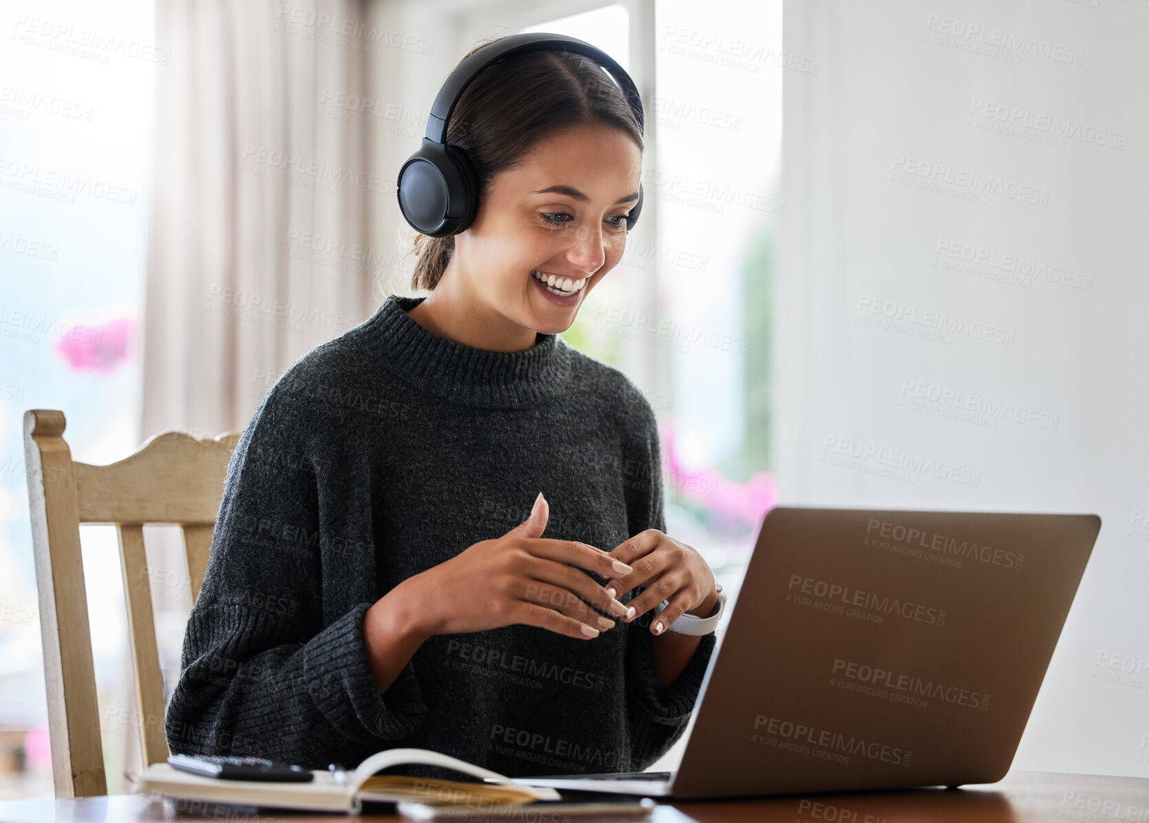 Buy stock photo Woman, laptop and notebook in home for entrepreneurship, small business or webinar with headphones. Female person, tech and calculator in house for online research, video call or internet meeting