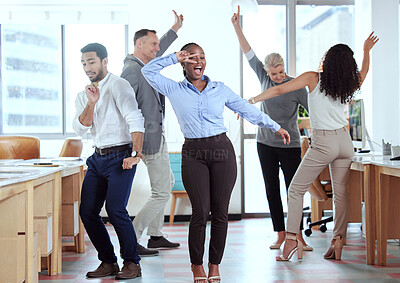 Buy stock photo Office, celebration and excited business people dance for success, achievement and team building. Corporate, collaboration and happy men and women dancing in workplace to celebrate bonus or profit