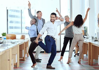 Buy stock photo Office, celebration and happy business people dance for success, achievement and team building. Corporate, collaboration and excited men and women dancing in workplace to celebrate bonus or profit