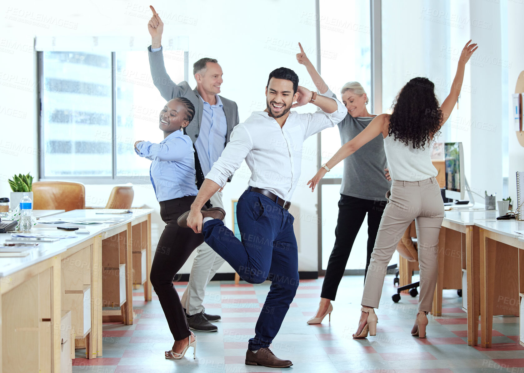 Buy stock photo Office, celebration and happy business people dance for success, achievement and team building. Corporate, collaboration and excited men and women dancing in workplace to celebrate bonus or profit