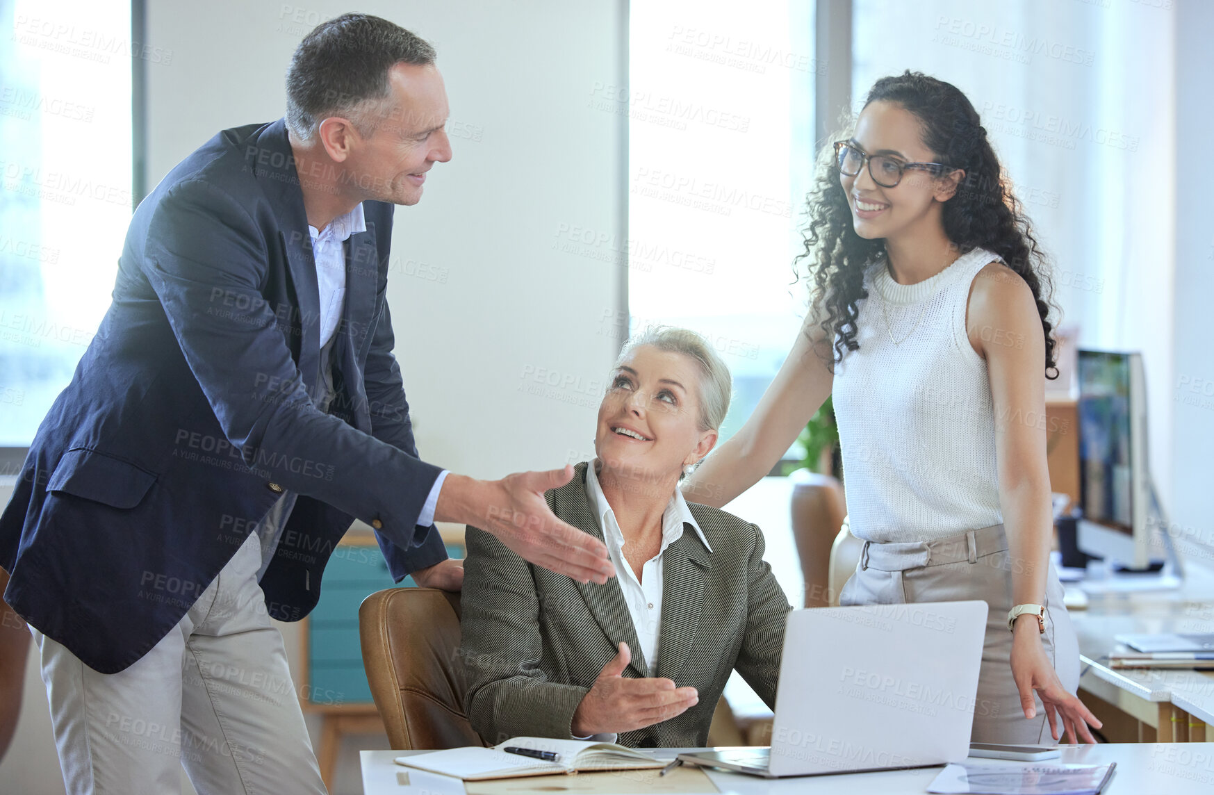 Buy stock photo Businessman, woman and employee by laptop for advice, communication and training. Internship, mentorship and collaboration for company project, support or feedback with computer for administration