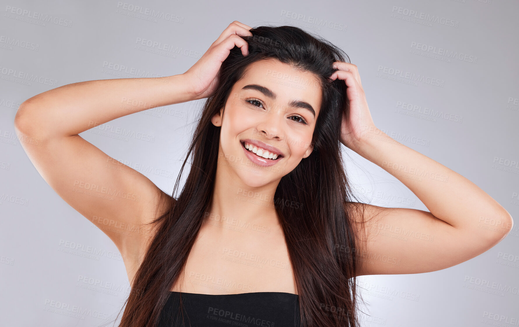 Buy stock photo Beauty, girl and pride in hair care portrait with healthy glow from cosmetics on studio background. Luxury, shampoo and woman with natural confidence, wellness and happy with shine on clean hairstyle