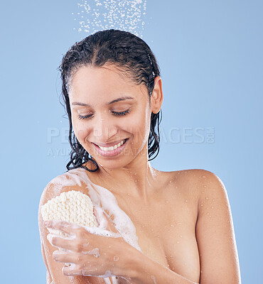 Buy stock photo Clean, skincare and woman shower with soap, foam and water splash in studio background. Happy, girl and washing skin with natural product from dermatology, cosmetics and self care for beauty