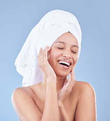 Buy stock photo Shot of a beautiful young woman posing with a towel wrapped around her head