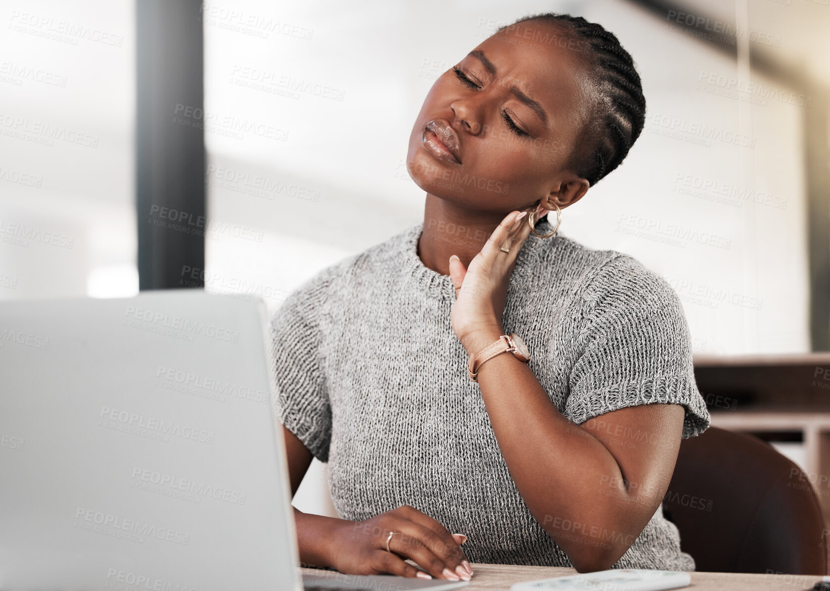 Buy stock photo Neck pain, laptop and woman in office, exhausted with 404 error, burnout strain and website. Frustrated, fatigue and tired girl with stress, anxiety and deadline for time management crisis at desk