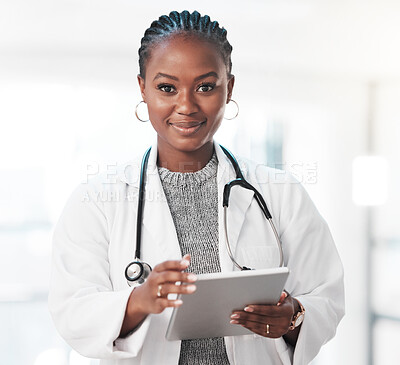 Buy stock photo Portrait, tablet and healthcare with a doctor black woman in the hospital for insurance or research. Medical, trust and technology with a young female medicine professional or consultant in a clinic