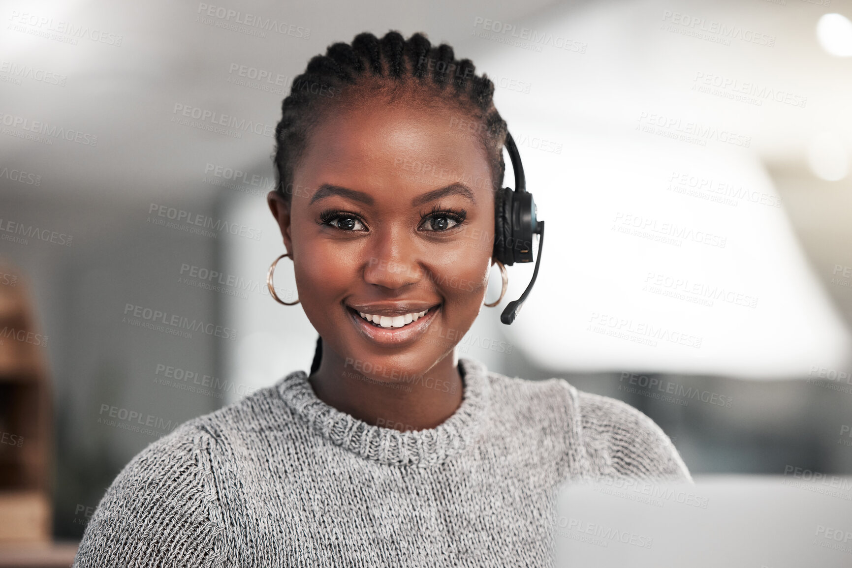 Buy stock photo Portrait, call center and black woman with a smile, telemarketing and customer service with headphones. Face, female person and agent with happiness, help and tech support with consultant and advice
