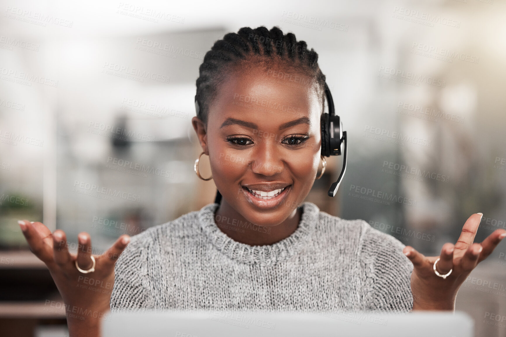 Buy stock photo Black woman, consultant and conversation in call center for telemarketing in outbound, tech support and customer service. Girl, virtual assistant and crm with contact us for advice, online and agent.