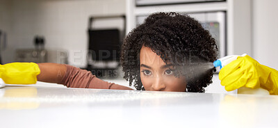 Buy stock photo Cleaning, spray and table with woman in kitchen for hygiene, disinfectant or sanitary. Safety, germ and bacteria with female cleaner and washing furniture in apartment home for housework and chemical