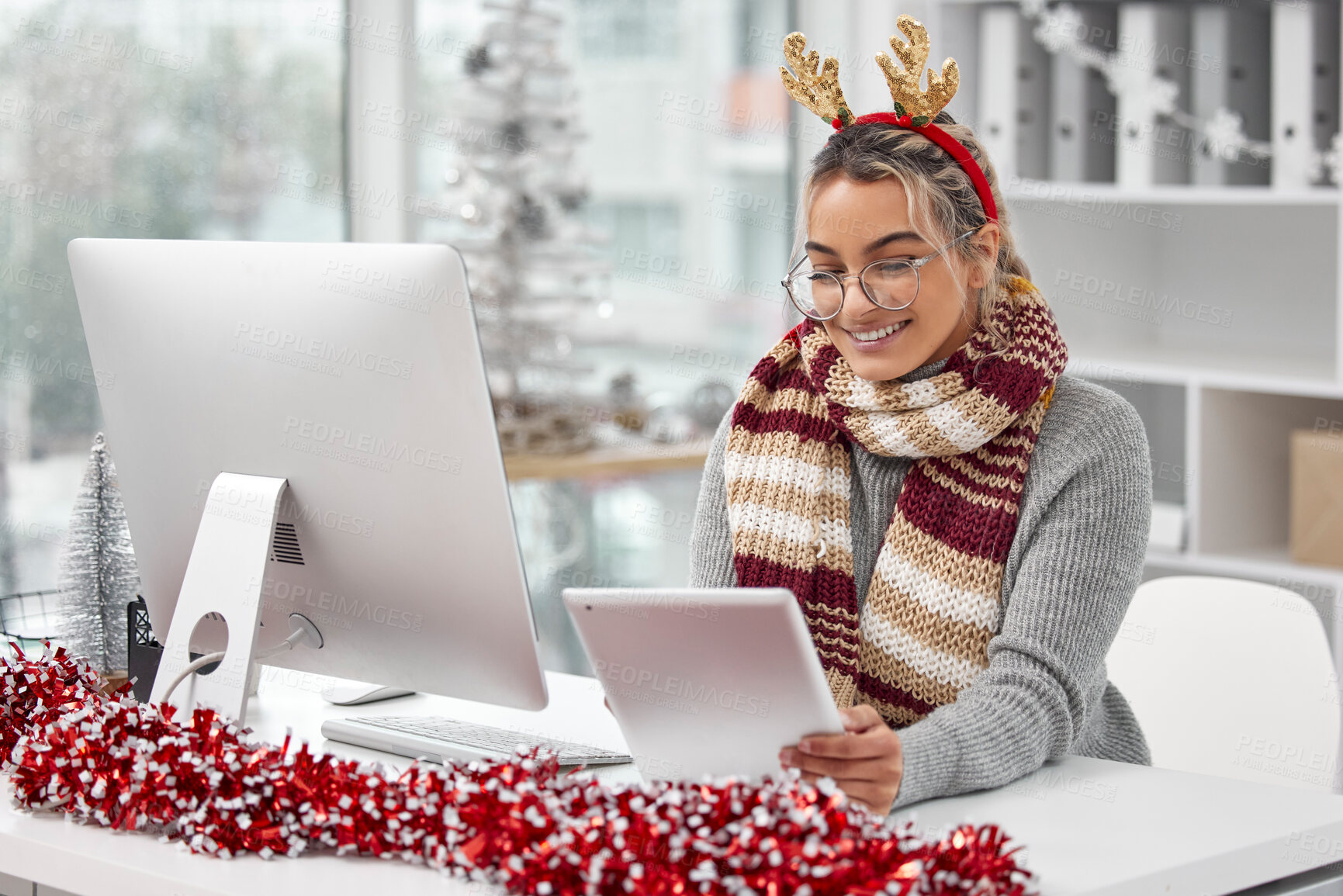 Buy stock photo Woman, office and technology with Christmas decor in desk with smile for online or internet shopping.  Interior designer, female person and happy on tablet for networking, communication and research