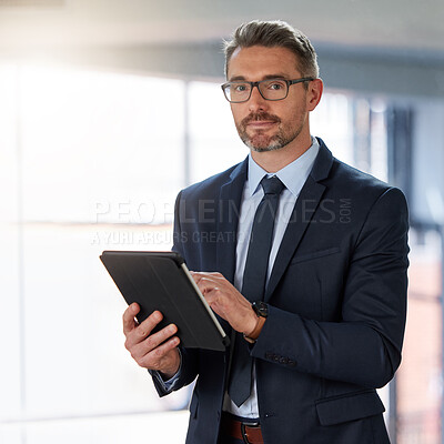 Buy stock photo Professional, businessman and tablet in office or portrait for planning, schedule and research for company growth. Male person, employee and digital technology for ideas on project development