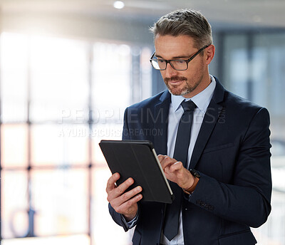 Buy stock photo Business, man and tablet in office or portrait for planning, schedule and research for goals of company growth. Male person, digital technology and data with information for project development