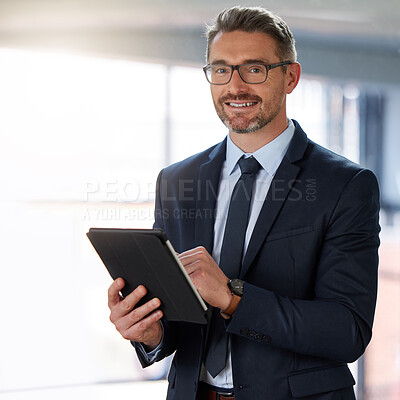 Buy stock photo Professional, businessman and tablet in office or portrait for planning, schedule and research for company growth. Male person, smile and digital technology with manager for project development