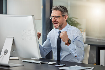 Buy stock photo Happy, businessman and fist in celebration for winning, success or promotion by desk at office. Man employee in joy for win, achievement or bonus on computer in sale, discount or prize at workplace
