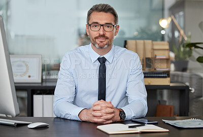 Buy stock photo Corporate man, mature and portrait in office with confidence for company, work and career. Project manager, notebook and computer in workplace for schedule, planning and meeting preparation by desk