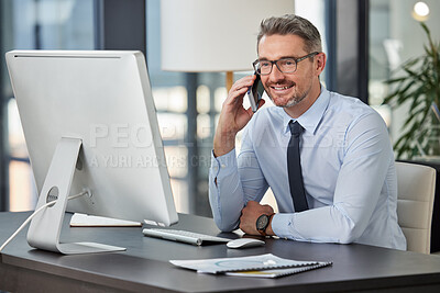 Buy stock photo Mature, business and man with phone call in office for corporate, communication and company client. Executive, technology and conversation in workplace for contract agreement, deal and good news