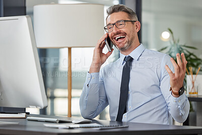 Buy stock photo Mature businessman, phone call and confidence for deal, contract and client negotiation in office. Salesman, smartphone and happy for sales goals, customer and agreement with computer in workplace 