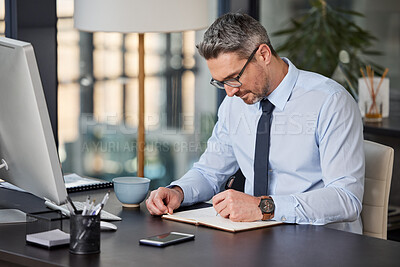 Buy stock photo Business, writing and man with notebook, planning and ideas for schedule, project and startup. Person at desk, compliance officer and employee with professional, corporate and career ambition