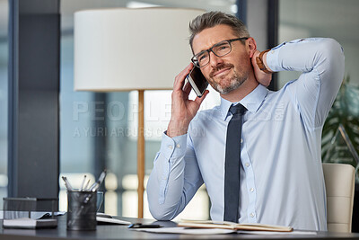 Buy stock photo Phone call, businessman and neck pain in office, talk and conversation for advice. Virtual, muscle strain and ache for financial advisor on mobile with client, technology and workplace with computer
