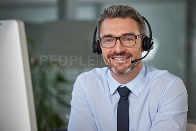 Buy stock photo Businessman, call center and portrait smile in telemarketing, customer service or support at office. Happy man, consultant or agent smiling with headphones for online advice or telesales at workplace