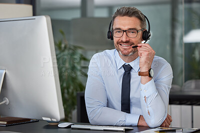 Buy stock photo Businessman, call center and portrait smile with headphones in telemarketing, customer service or support at office. Happy man, consultant or agent smiling for online advice or telesales at workplace