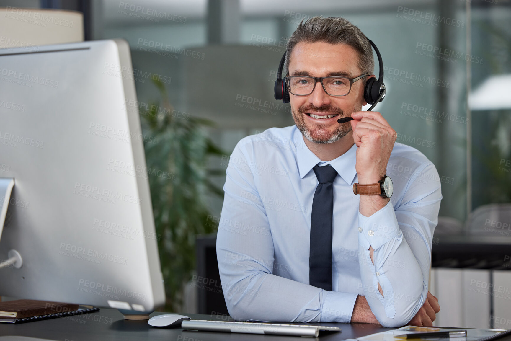 Buy stock photo Businessman, call center and portrait smile with headphones in telemarketing, customer service or support at office. Happy man, consultant or agent smiling for online advice or telesales at workplace