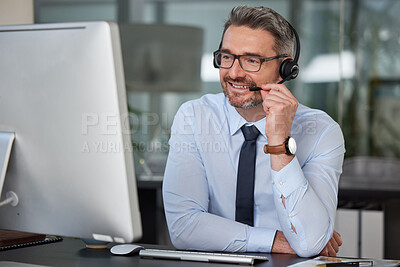 Buy stock photo Businessman, call center and smile with headphones on computer in customer service, telemarketing or support at office. Man, consultant or agent consulting for online advice or telesales at workplace