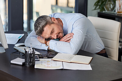 Buy stock photo Tired, business man and sleeping at desk in office with resting, nap or burnout from working on report. Exhausted, professional and male employee for fatigue, deadline stress or snooze in workplace