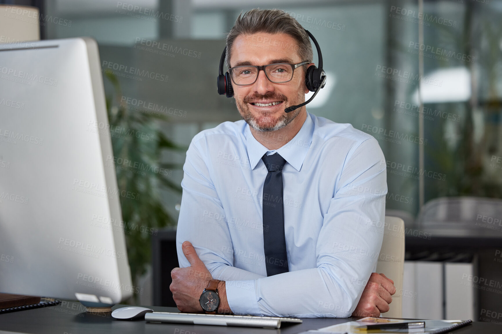 Buy stock photo Businessman, call center and portrait smile in customer service, support or telemarketing at office. Happy man, consultant or agent smiling with headphones for online advice or telesales at workplace