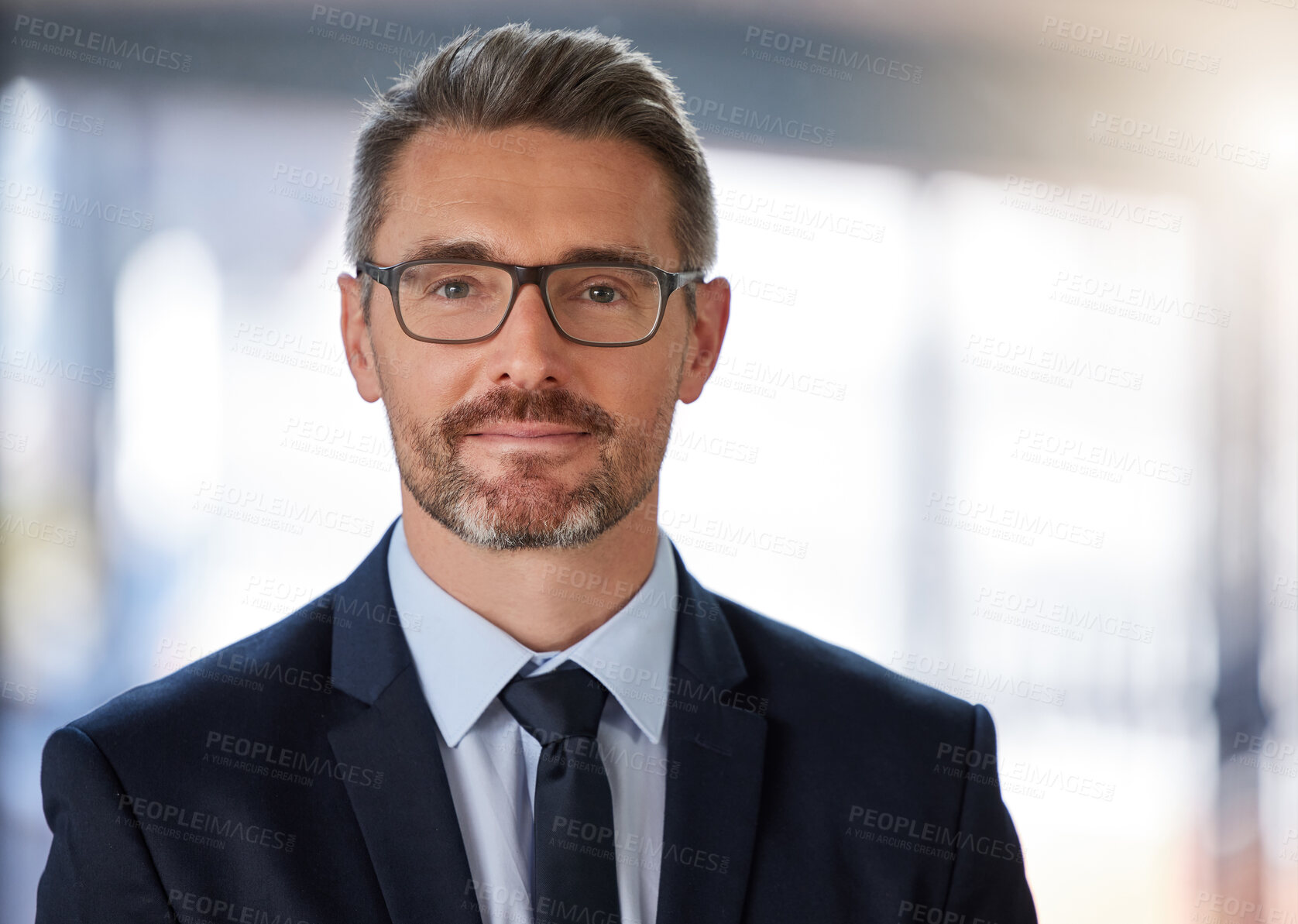 Buy stock photo CEO, corporate and portrait of business man in office for confidence, happiness or positive. Lens flare, entrepreneur and management person for company growth, pride or professional attitude