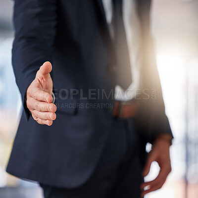 Buy stock photo Businessman, handshake and deal in meeting for hiring, partnership or b2b agreement at the office. Man employee shaking hands for business welcome, recruiting or introduction to job at the workplace