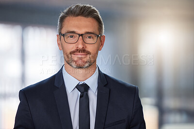 Buy stock photo CEO, business and portrait of mature man in office for confidence, happiness or positive mindset. Lens flare, entrepreneur and management person for company growth, pride or professional attitude