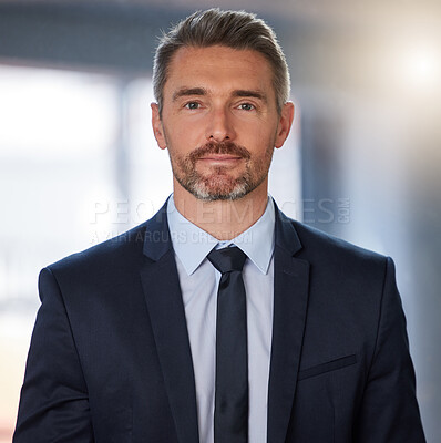 Buy stock photo Professional, business and mature man in office for portrait  with information, ideas and company growth for future. Pride, male person and corporate for investment on project development in Italy