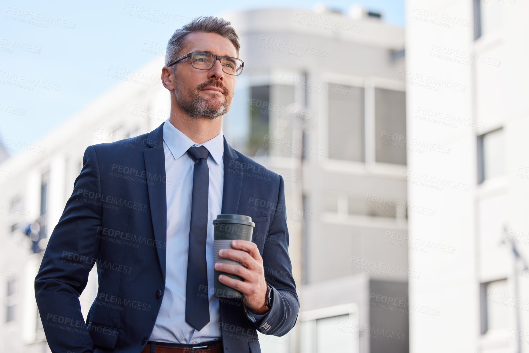 Buy stock photo Confident, businessman and coffee in urban city for morning, travel and career in New York. Lawyer, corporate male person and hot beverage on sidewalk for journey, walking and pride in Manhattan