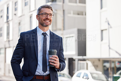 Buy stock photo Happy, businessman and coffee in city for morning, travel and career in New York. Lawyer, corporate male person and hot beverage on sidewalk for journey, smile and walking to work in Manhattan