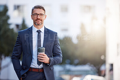 Buy stock photo Portrait, coffee and man in the city, business and confident guy with startup success, career and formal. Face, male person or employee with tea, outdoor or professional with skills, ceo or corporate