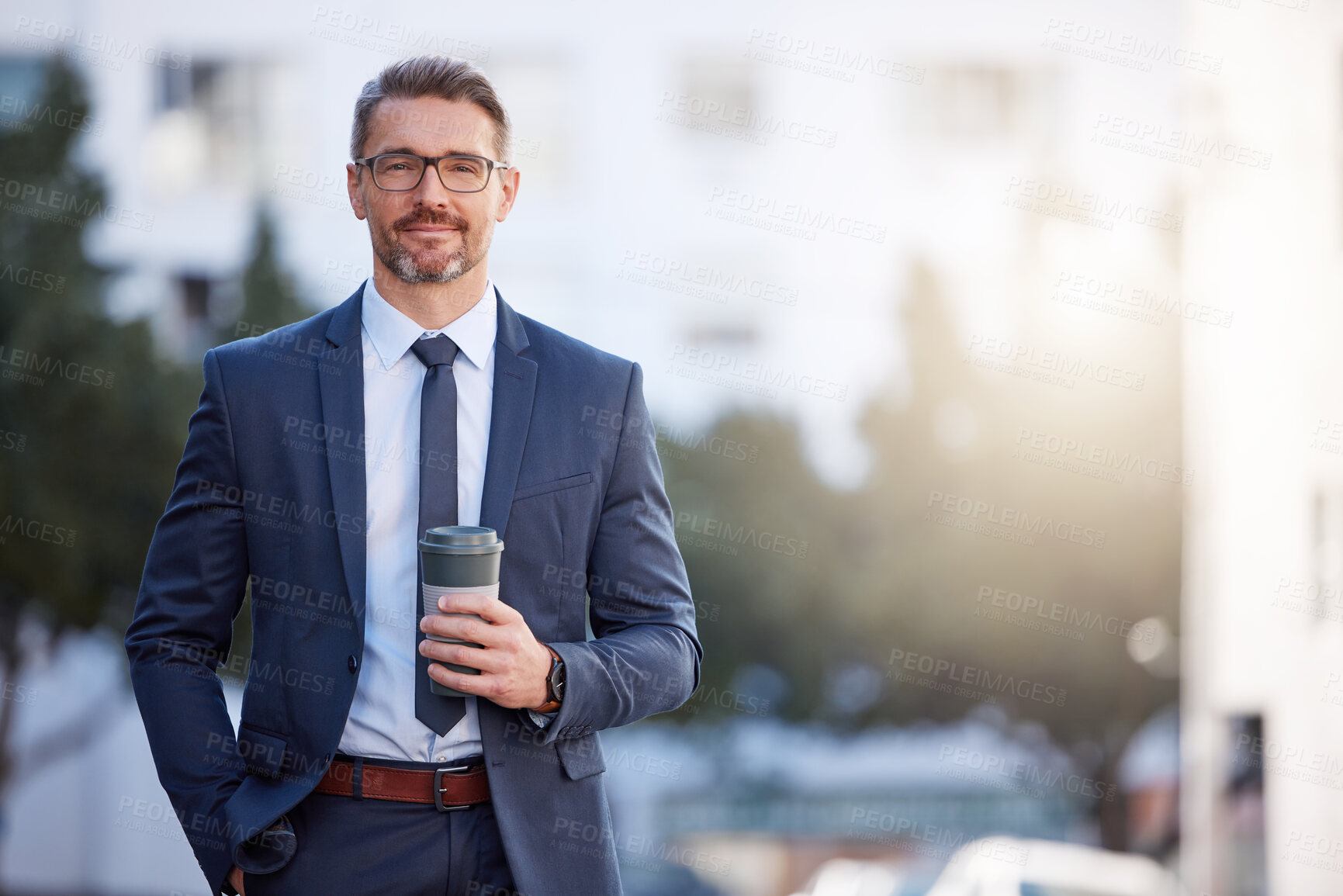 Buy stock photo Portrait, coffee and man in the city, business and confident guy with startup success, career and formal. Face, male person or employee with tea, outdoor or professional with skills, ceo or corporate