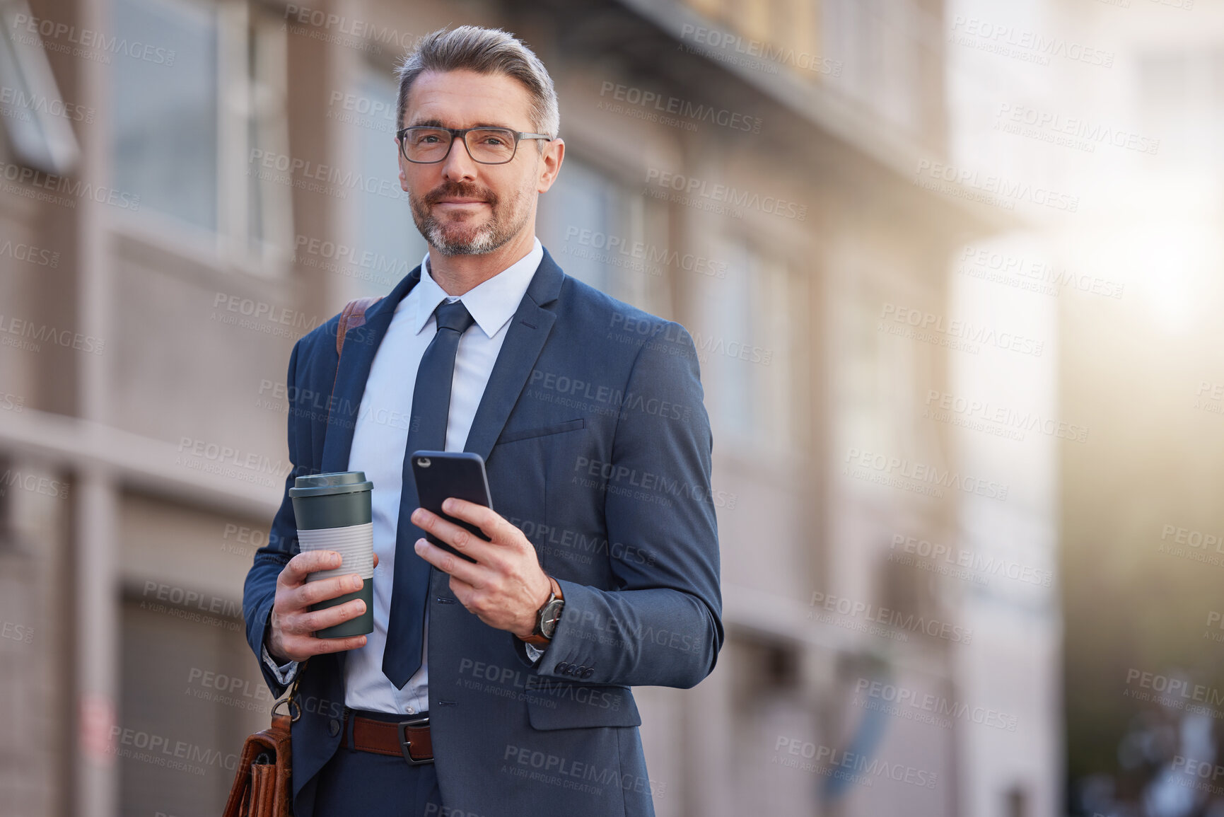 Buy stock photo Portrait, coffee and man in city, smartphone and confidence with email, message and cappuccino. New York, face or mature person with morning tea, commute or mobile user with travel, employee or agent